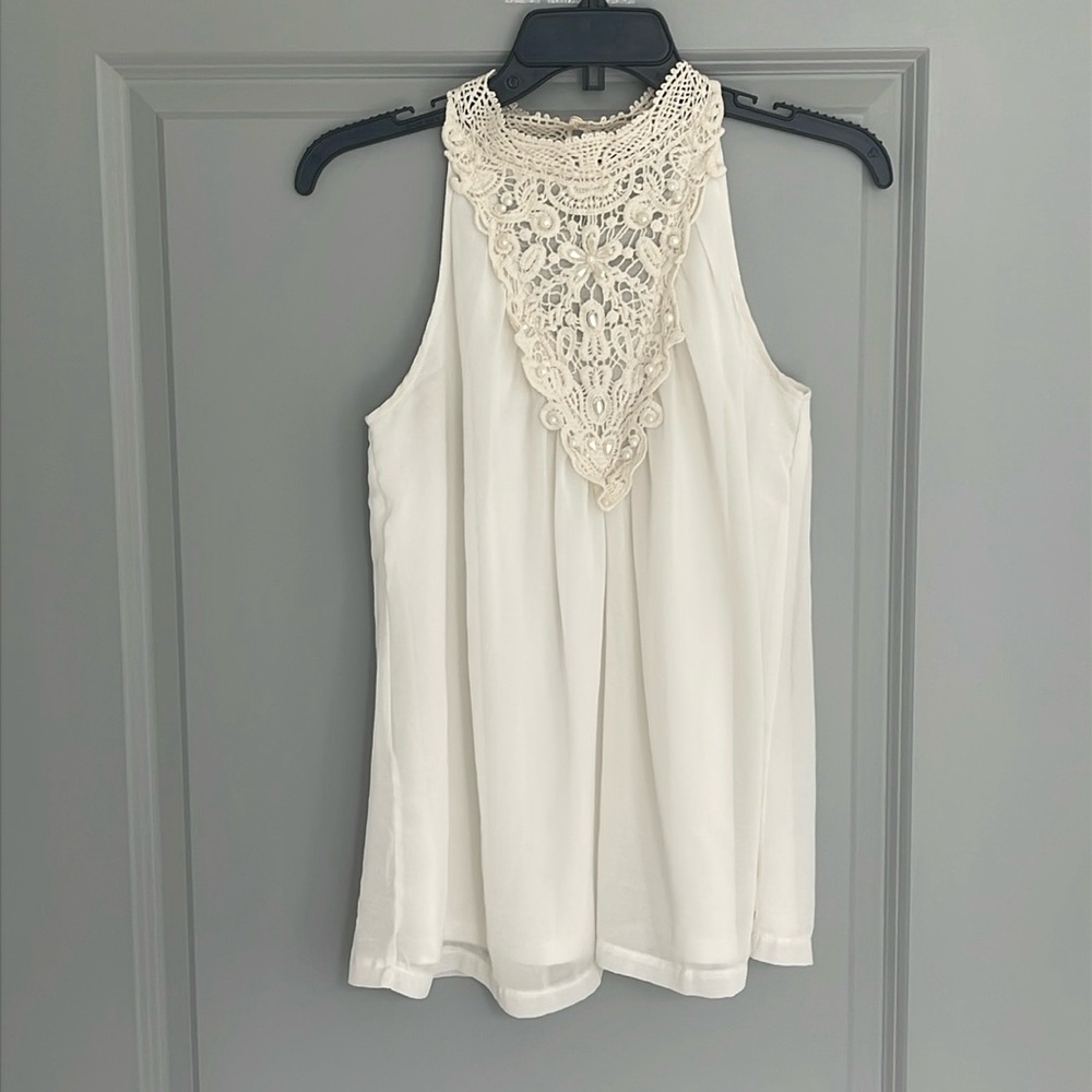 Ginger - Crochet & Pearl Sleeveless Halter Top, Size M
